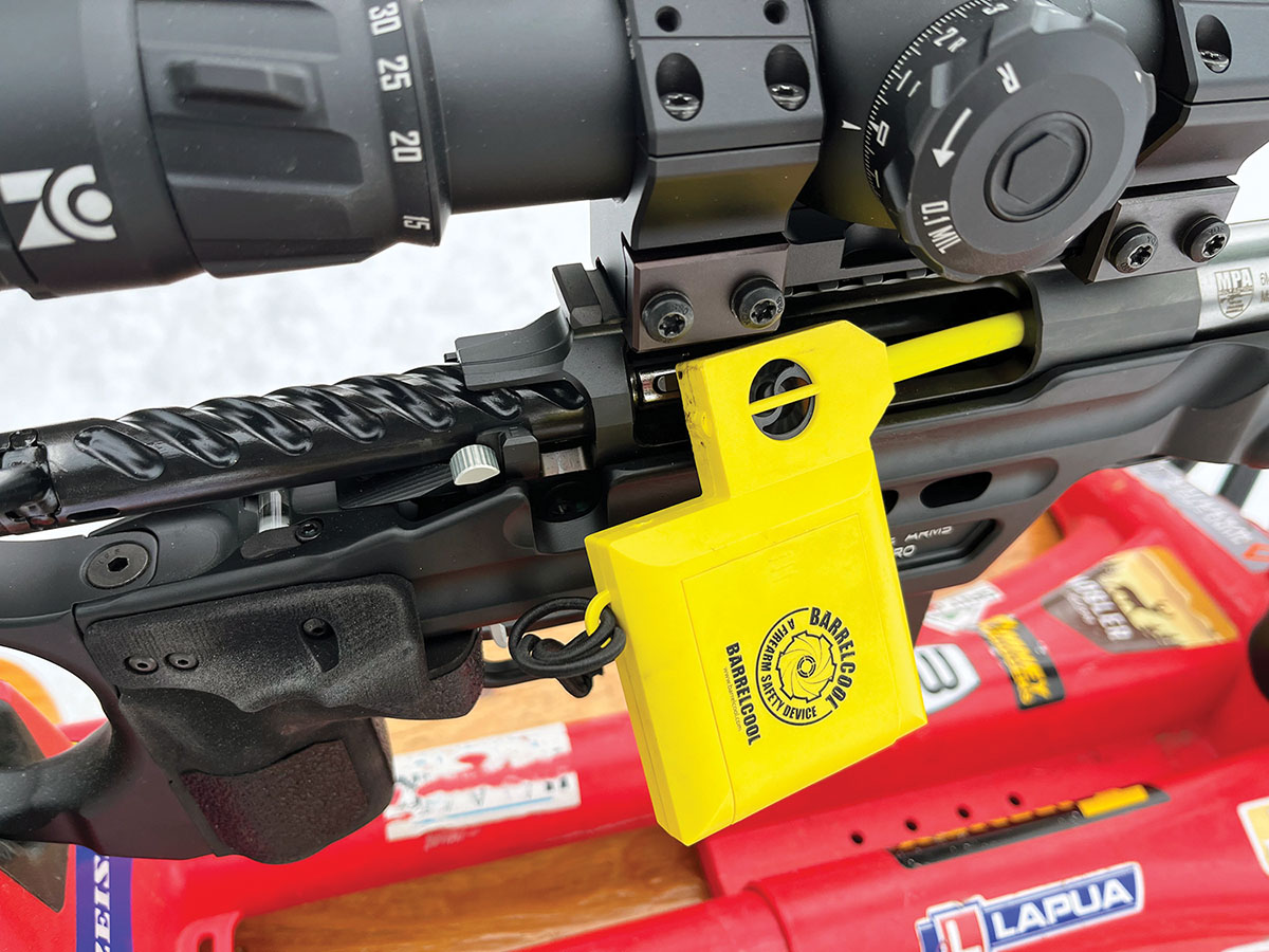 The heavy barrel of the MasterPiece Arms (MPA) Matrix Pro PMR rifle was slow to warm with the 6mm Dasher cartridge, allowing 15-shot strings without undue heating. Nonetheless, Patrick plugged in his Barrel Cool between target changes.